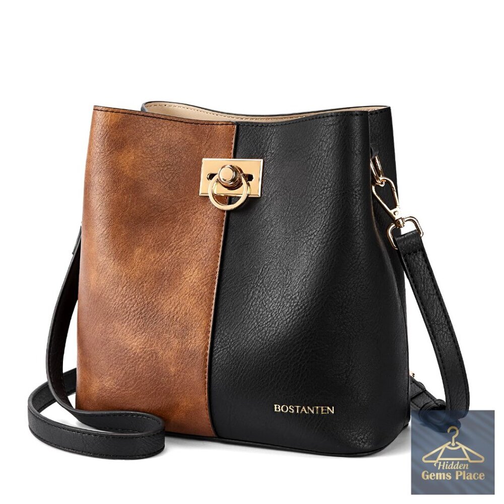 Small Vegan Leather Crossbody Bucket Bag with Multiple Pockets